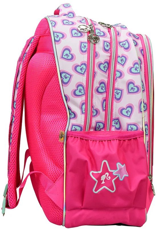 Barbie rugzak met hartjes - Schooltas - Roze/blauw 2 Barbie rugzak - Roze/blauw - Hartjes schoolrugzak voor meisjes - Schooltas voor kinderen - 3 grote vakken - 2 zijvakken - Rugtas met glitters - Verstelbare schouderbanden - 46 x 35 x 20 cm