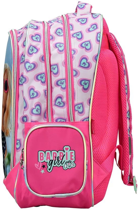Barbie rugzak met hartjes - Schooltas - Roze/blauw 4 Barbie rugzak - Roze/blauw - Hartjes schoolrugzak voor meisjes - Schooltas voor kinderen - 3 grote vakken - 2 zijvakken - Rugtas met glitters - Verstelbare schouderbanden - 46 x 35 x 20 cm