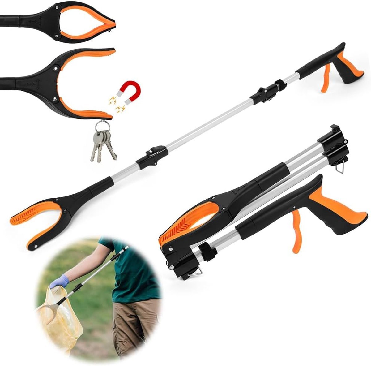 Opvouwbare grijper - Afvalgrijper - Draaibare grijptang - Oranje