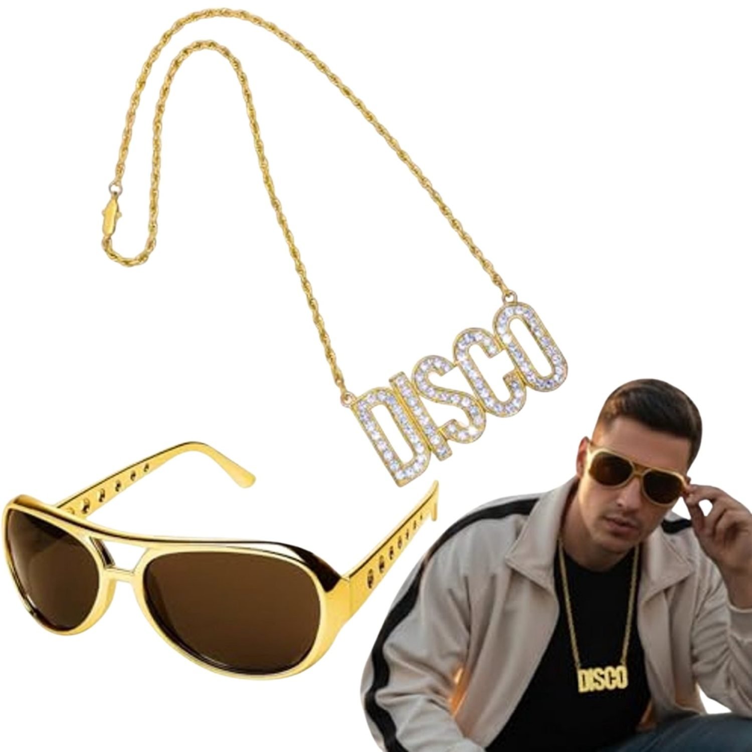 Disco verkleedset heren - Ketting met zonnebril - 80s en 90s - Goud