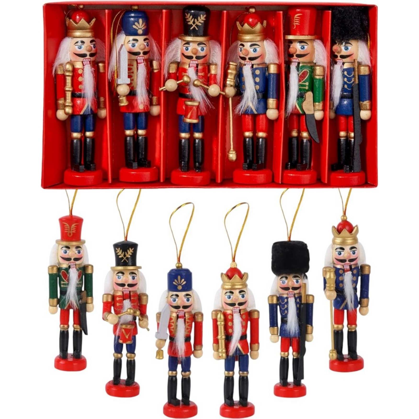 Hangende notenkrakers - Kerstmis - Mini houten soldaatjes - 6 stuks 1 Hangende notenkrakers - Kerstmis - Mini houten soldaatjes - 6 stuks