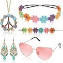 Hippie accessoireset dames - Verkleedset - Bloemenpeace - Kleurrijk - 6-delig