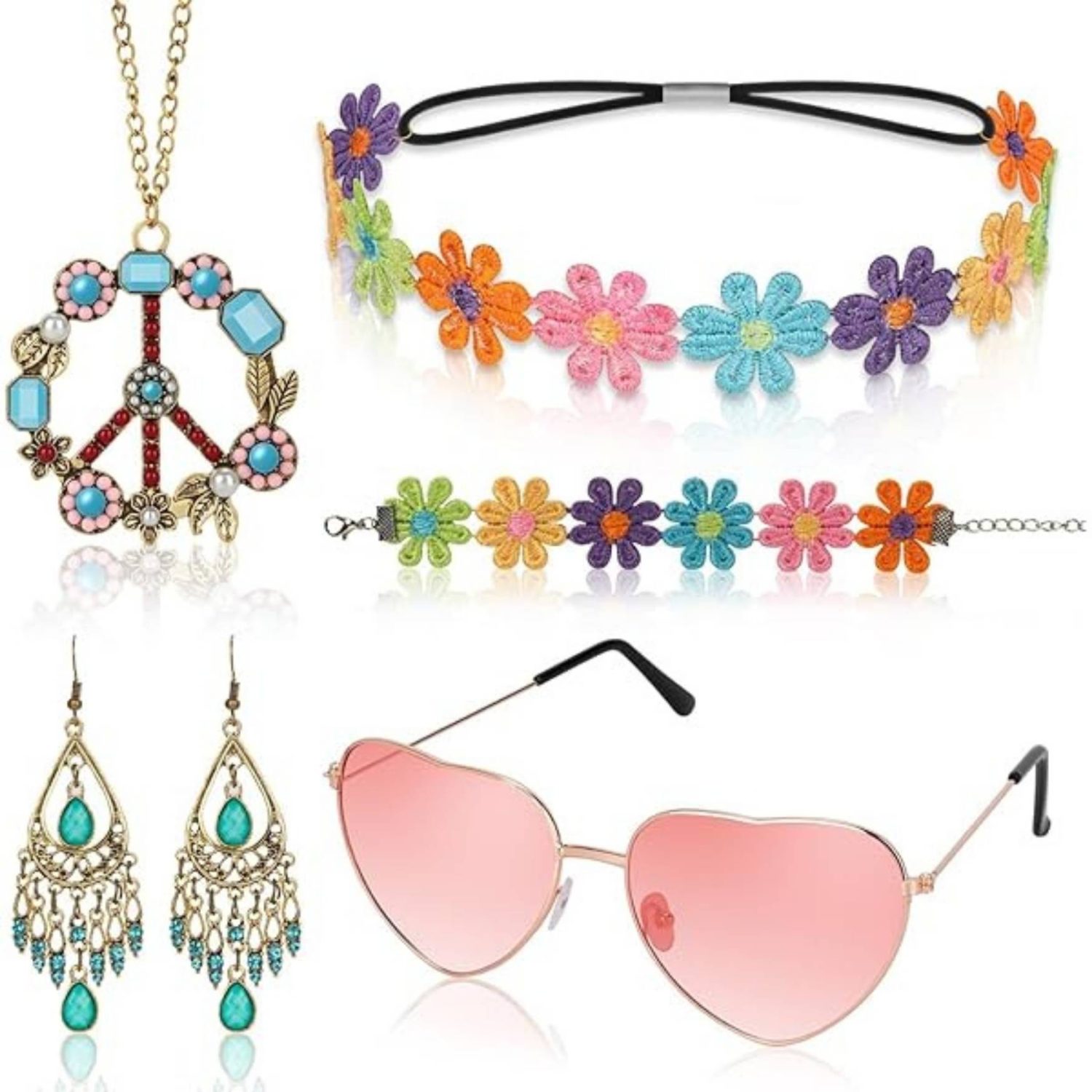 Hippie accessoireset dames - Verkleedset - Bloemenpeace - Kleurrijk - 6-delig