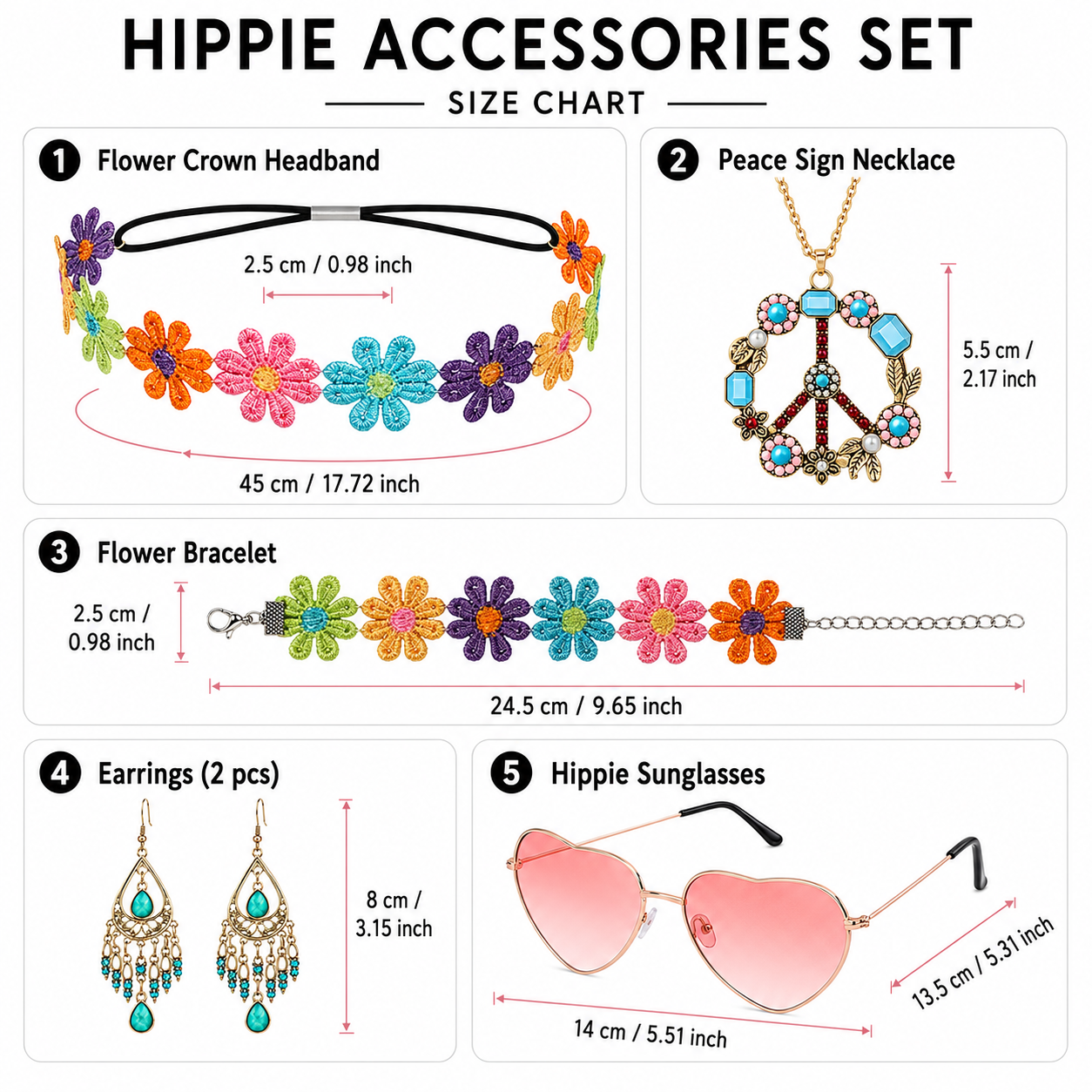 Hippie accessoireset dames - Verkleedset - Bloemen/peace - Kleurrijk - 6-delig