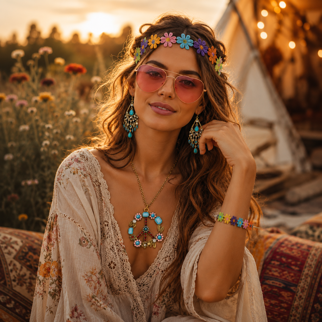 Hippie accessoireset dames - Verkleedset - Bloemen/peace - Kleurrijk - 6-delig