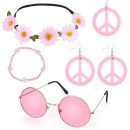 Hippie verkleedset dames - Accessoireset - Bloemenpeace - Roze - 6-delig