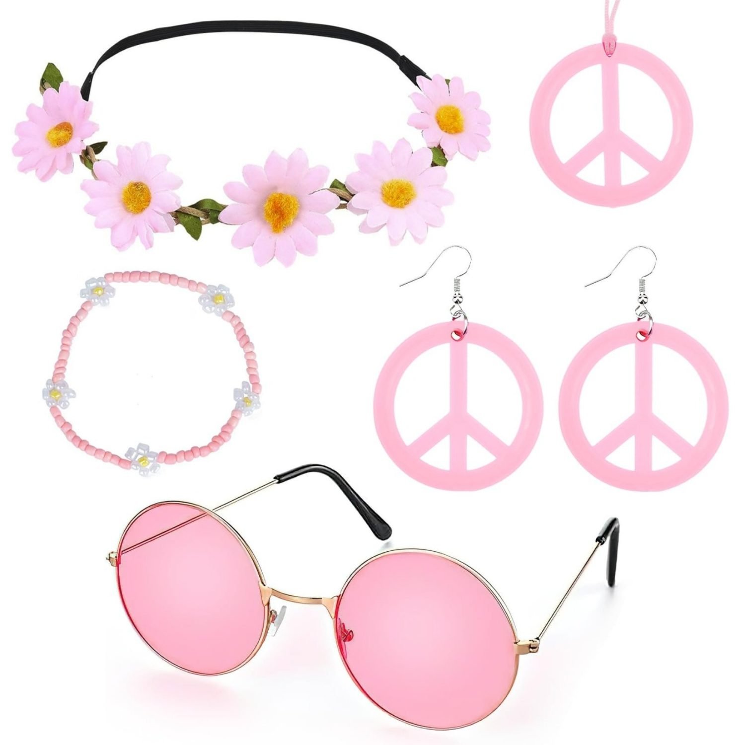 Hippie verkleedset dames - Accessoireset - Bloemenpeace - Roze - 6-delig