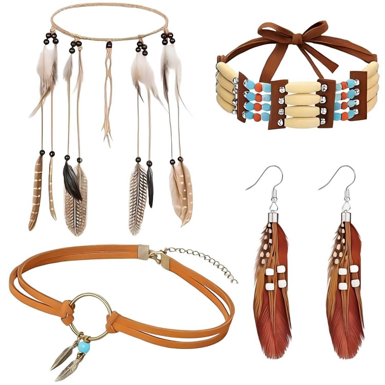 Indianen verkleed set - Veren hoofdband, armband, ketting en oorbellen