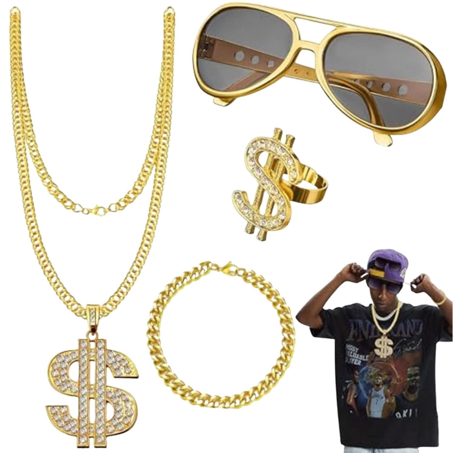 Rapper verkleedset heren - Gangster accessoireset - Goud - 4-delig