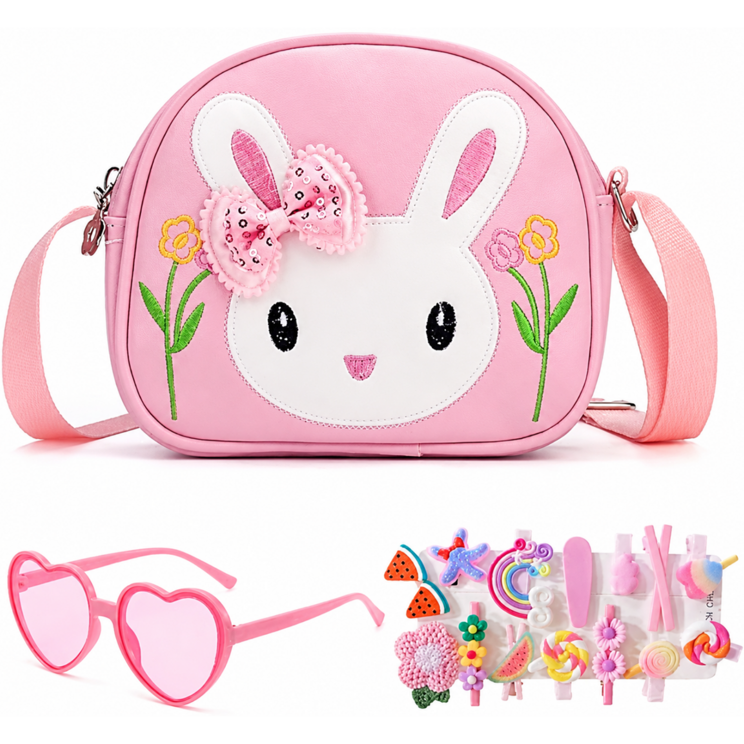 Roze handtas met zonnebril en haarclips voor kinderen - Konijn