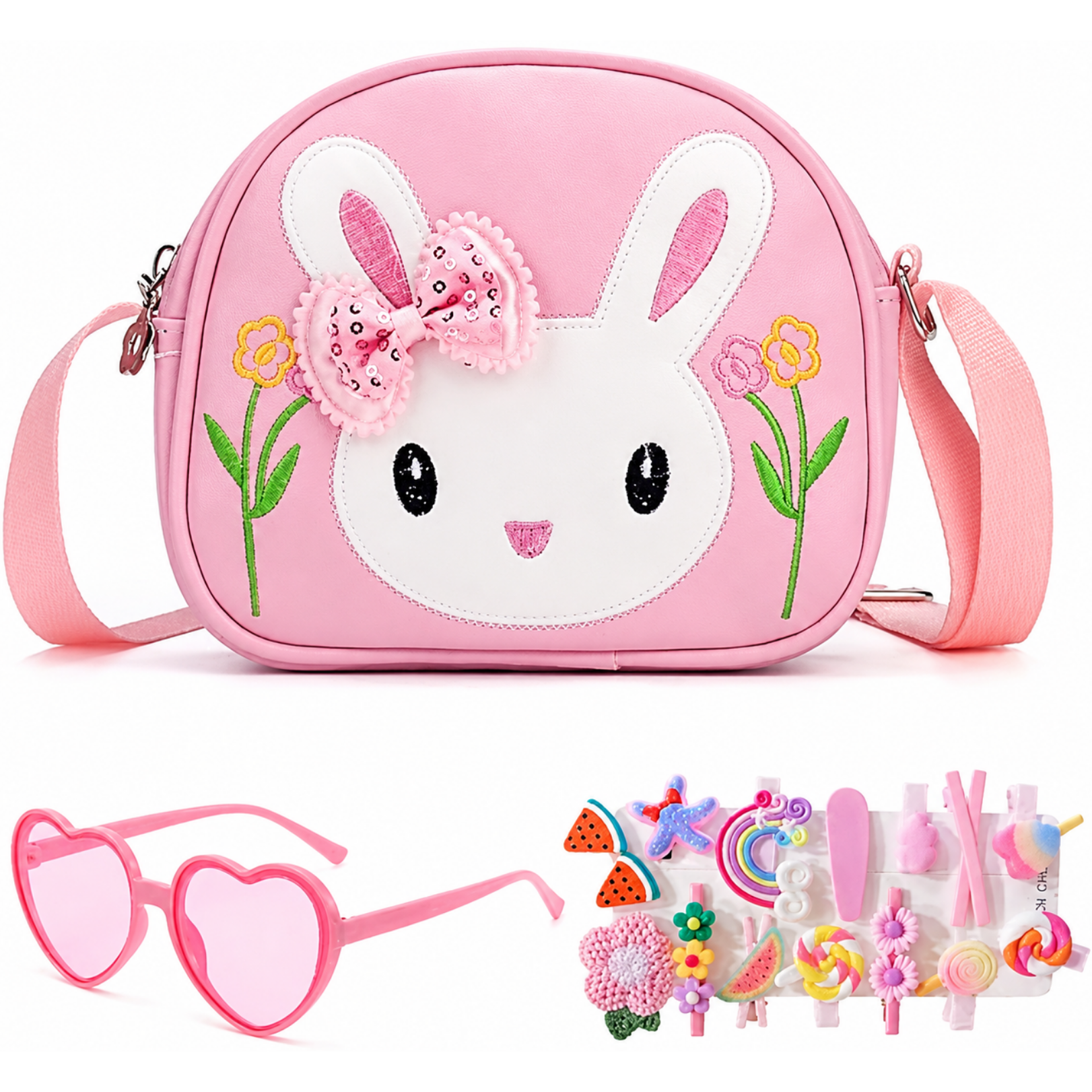 Roze handtas met zonnebril en haarclips voor kinderen - Konijn 1 Roze handtas met zonnebril en haarclips voor kinderen - Konijn